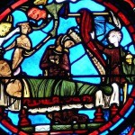 Le mauvais riche accueilli par deux diables. Vitrail de la cathédrale de Bourges.
