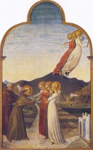 Le mariage de saint François avec l’Ange de Pauvreté (en robe brune, rapiécée) tandis que ses sœurs Chasteté (en blanc) et Obéissance (en rose, porte un joug) attendent. Noter : contrairement à ses sœurs, Pauvreté n’a pas de chaussure et regarde mélancoliquement saint François en partant. (Sassetta 1392-1450 env.)