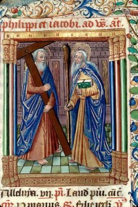 Saint Philippe et saint Jacques. Enluminure du Bréviaire de Besançon (avant 1490).