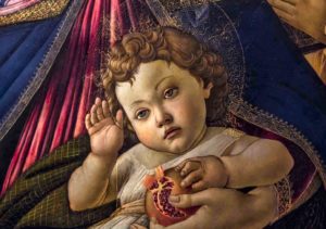 La Vierge à la grenade, Sandro Botticelli, 1487, (détail), Galerie des Offices, Florence, Italie.